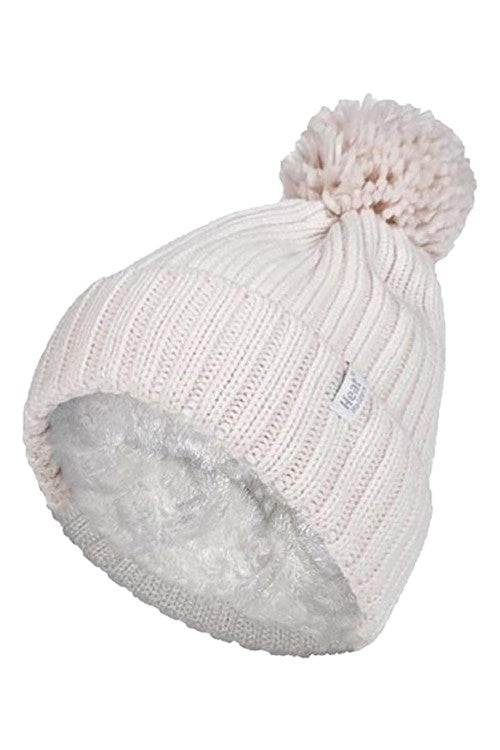 HEAT HOLDERS Arden Ribbed Hat Turnover Thermal Beanie & Pom Pom -Womens