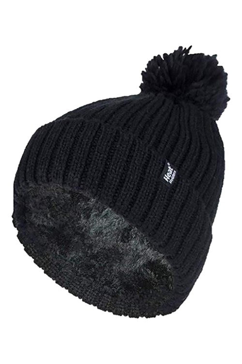 HEAT HOLDERS Arden Ribbed Hat Turnover Thermal Beanie & Pom Pom -Womens