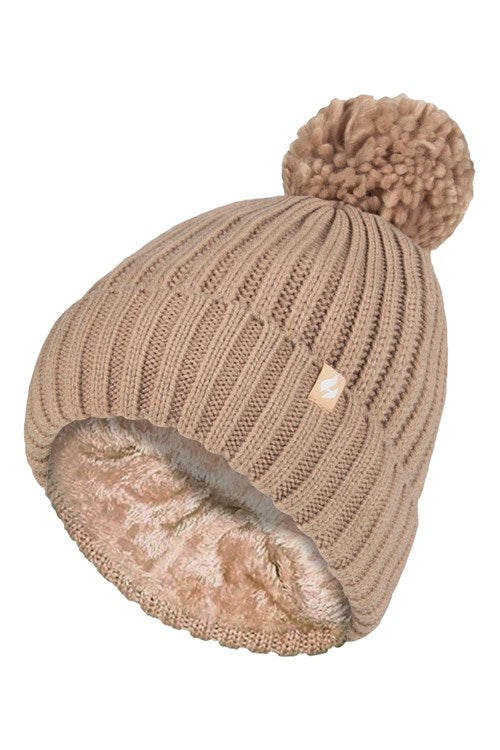 HEAT HOLDERS Arden Ribbed Hat Turnover Thermal Beanie & Pom Pom -Womens