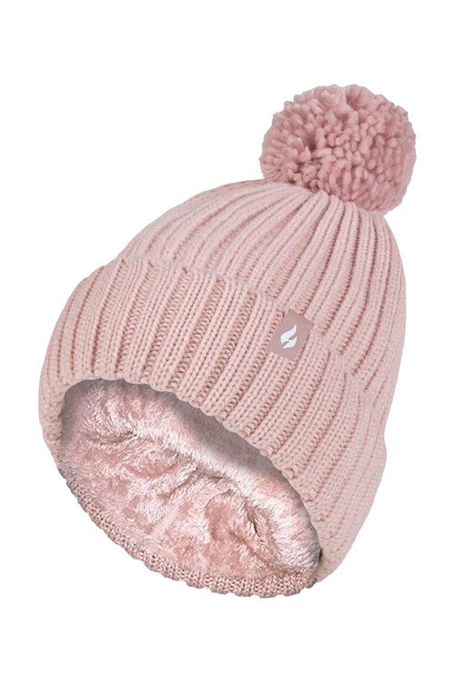 HEAT HOLDERS Arden Ribbed Hat Turnover Thermal Beanie & Pom Pom -Womens