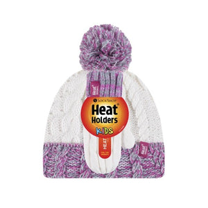 HEAT HOLDERS Cable Turn Over Hat with Pom Pom & Mittens-Girls Sets 3-6YRS