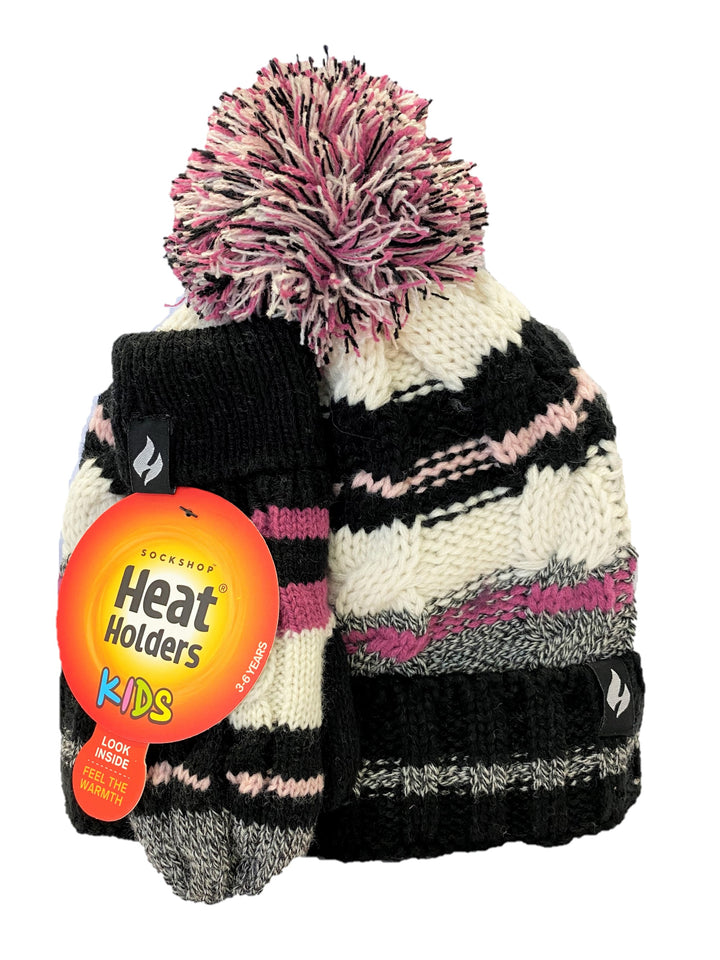 HEAT HOLDERS Cable Turn Over Hat with Pom Pom & Mittens-Girls Sets 3-6YRS