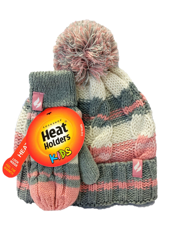 HEAT HOLDERS Cable Turn Over Hat with Pom Pom & Mittens-Girls Sets 3-6YRS