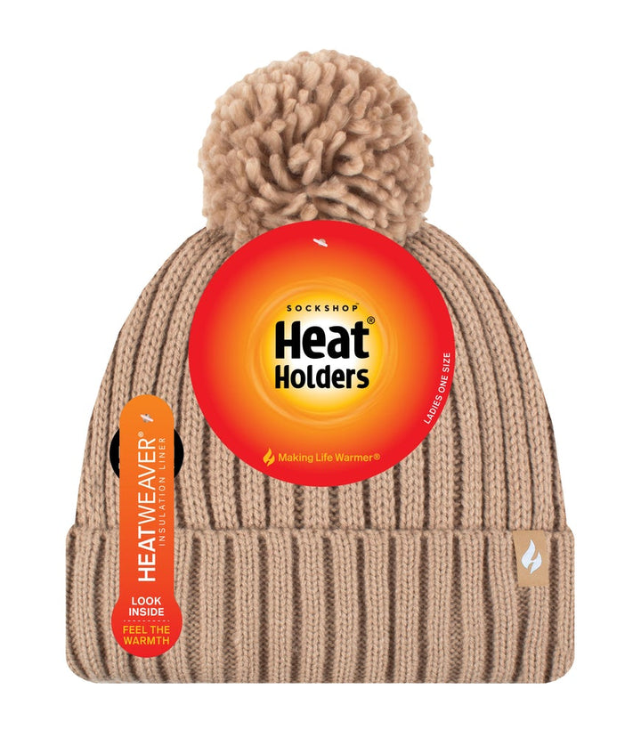 HEAT HOLDERS Arden Ribbed Hat Turnover Thermal Beanie & Pom Pom -Womens