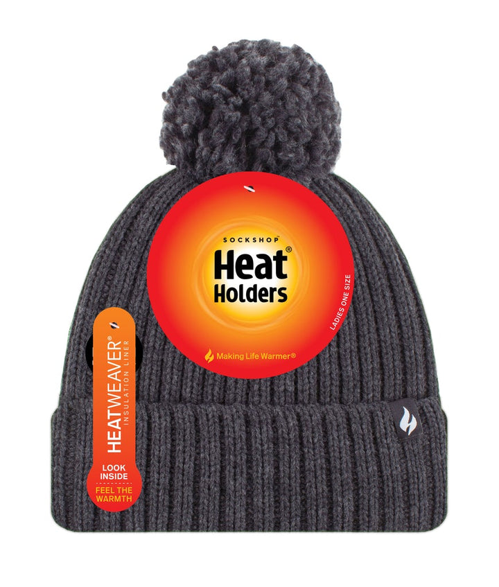 HEAT HOLDERS Arden Ribbed Hat Turnover Thermal Beanie & Pom Pom -Womens