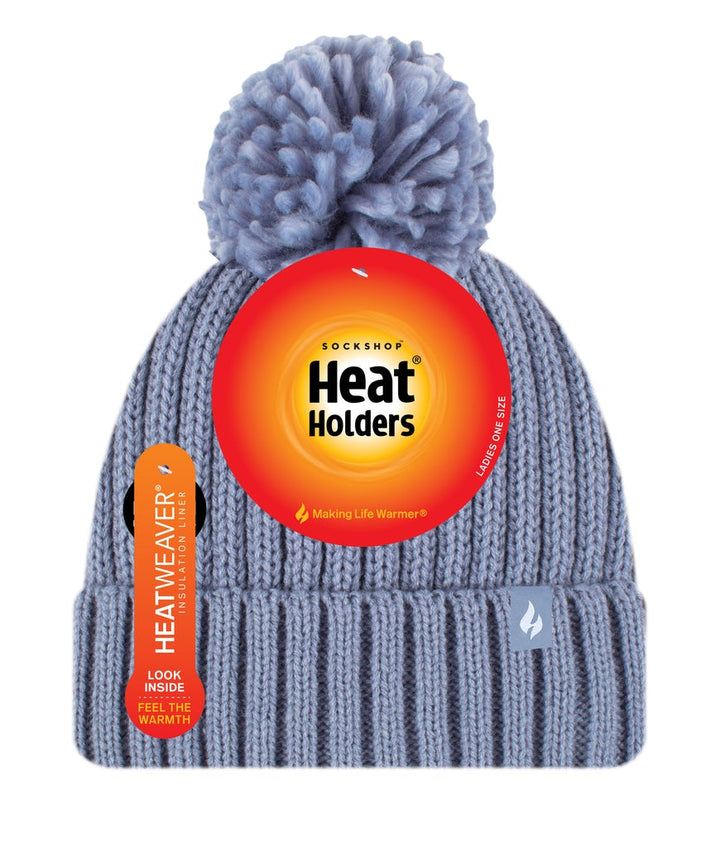 HEAT HOLDERS Arden Ribbed Hat Turnover Thermal Beanie & Pom Pom -Womens