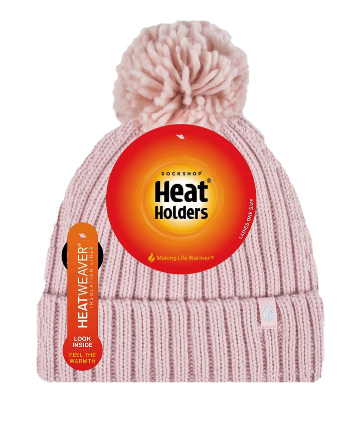 HEAT HOLDERS Arden Ribbed Hat Turnover Thermal Beanie & Pom Pom -Womens