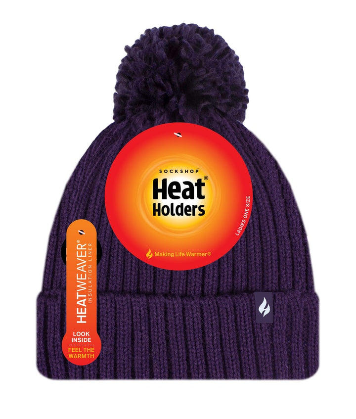 HEAT HOLDERS Arden Ribbed Hat Turnover Thermal Beanie & Pom Pom -Womens