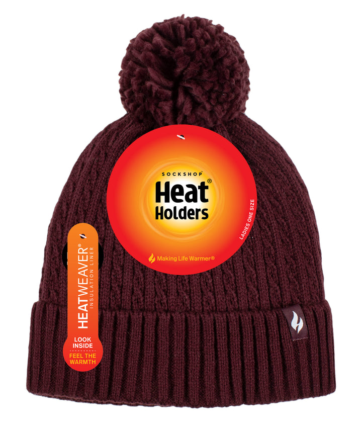 HEAT HOLDERS Ellery Cable Turnover Pom Pom Thermal Beanie - Womens