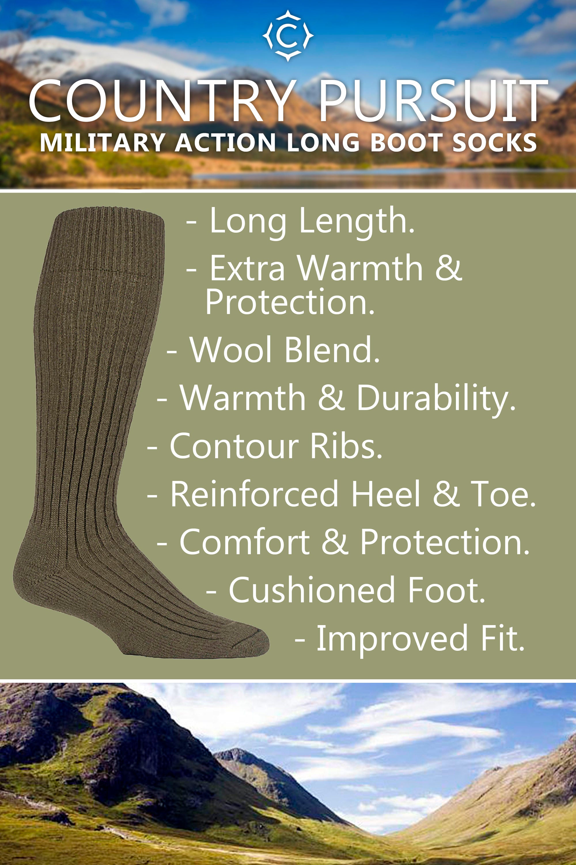 SOCK SHOP COUNTRY PURSUIT Military Long Wool Boot Socks- Mens 7-11
