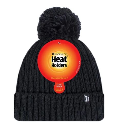 HEAT HOLDERS Arden Ribbed Hat Turnover Thermal Beanie & Pom Pom -Womens