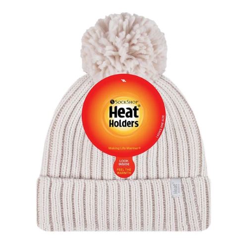 HEAT HOLDERS Arden Ribbed Hat Turnover Thermal Beanie & Pom Pom -Womens