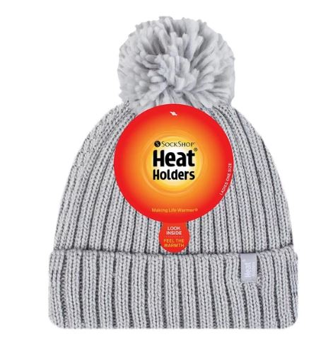 HEAT HOLDERS Arden Ribbed Hat Turnover Thermal Beanie & Pom Pom -Womens