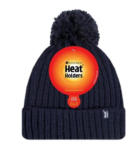 HEAT HOLDERS Arden Ribbed Hat Turnover Thermal Beanie & Pom Pom -Womens