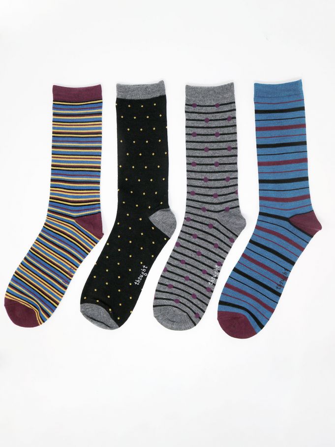 THOUGHT 4PK Alexandar  Stripe & Spot Bamboo Socks Gift Box- Mens 7-11